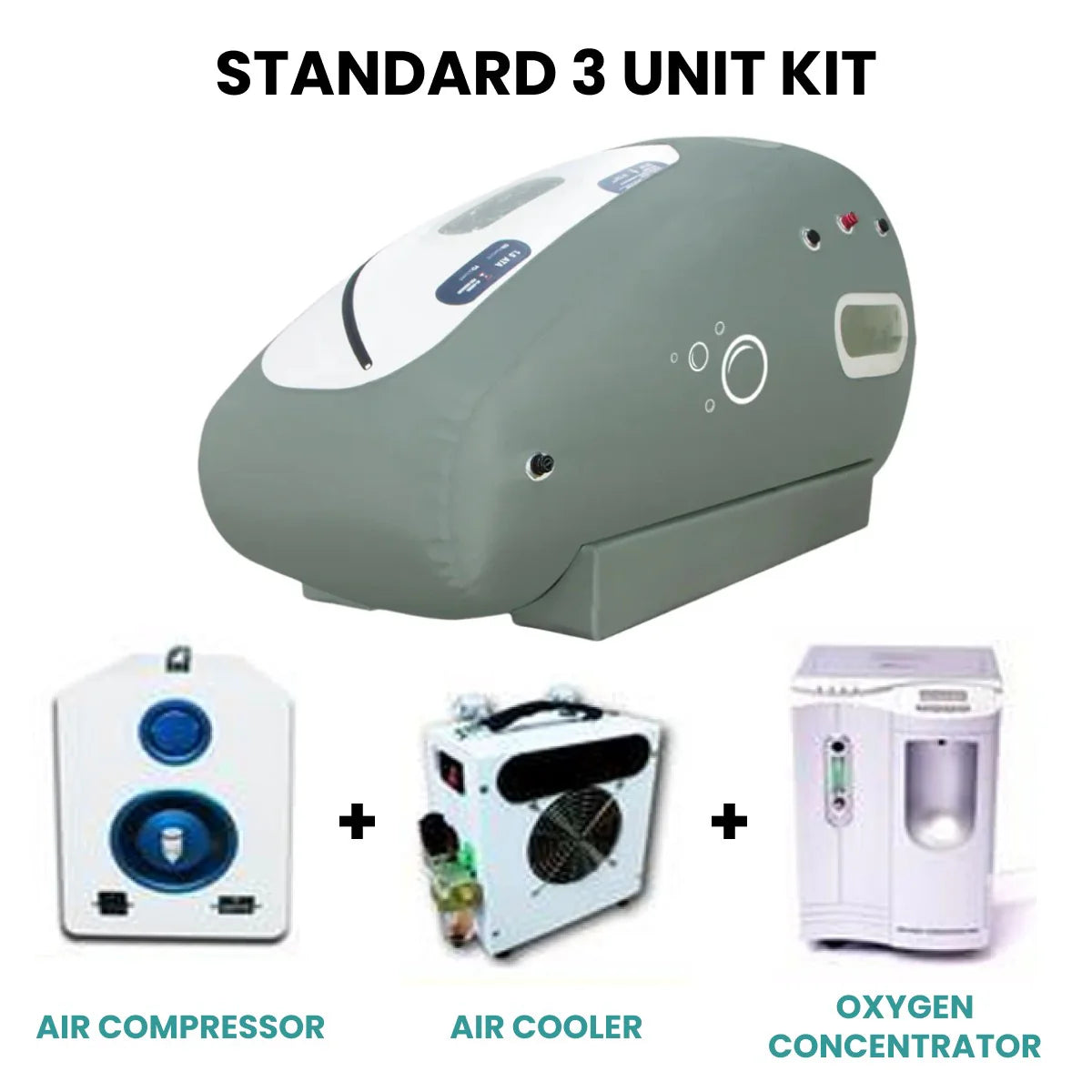 Standard 3 Unit Kit with air compressor, air cooler, and oxygen concentrator on a white background