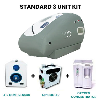Standard 3 Unit Kit with air compressor, air cooler, and oxygen concentrator on a white background