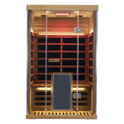 Infrared sauna with wooden interior and glass door on a white background