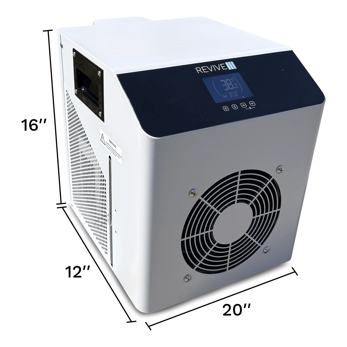 White and black chiller with dimensions labeled on a white background