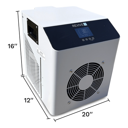 White and black chiller with dimensions labeled on a white background