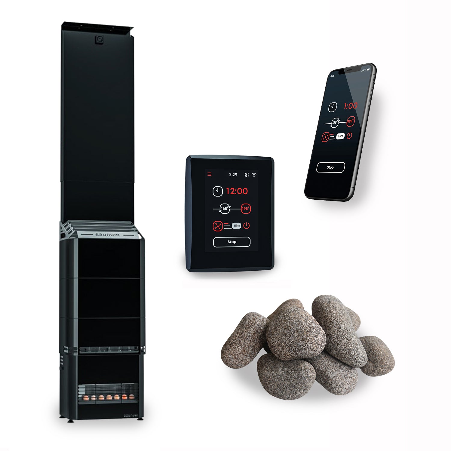 sauna heater package with wifi control, stones and app on a white background
