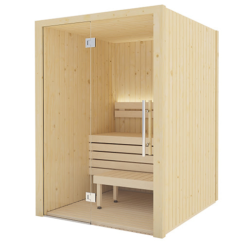 wooden sauna with glass door