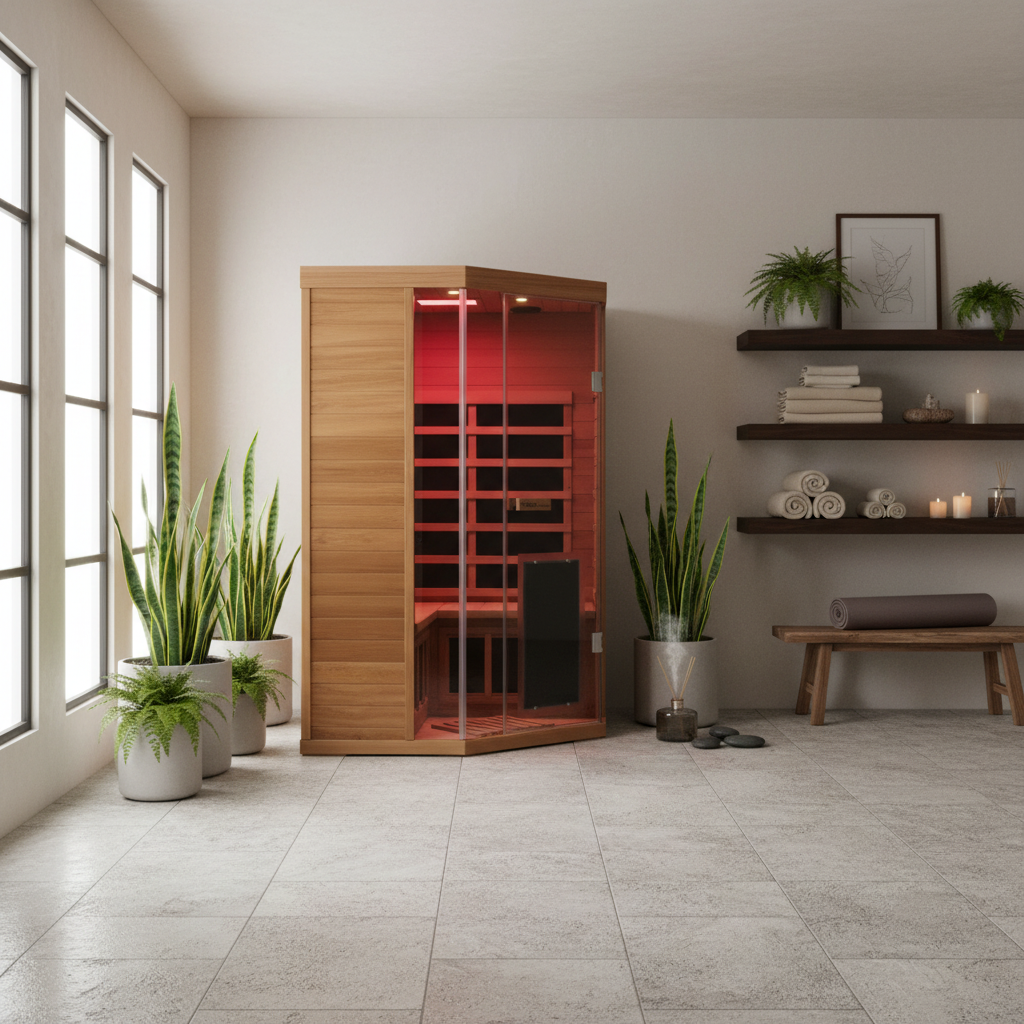 Infrared sauna in a modern room with plants and shelves.