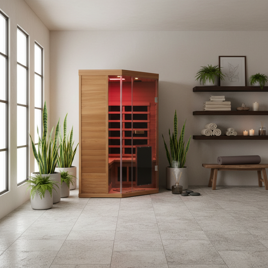 Infrared sauna in a modern room with plants and shelves.