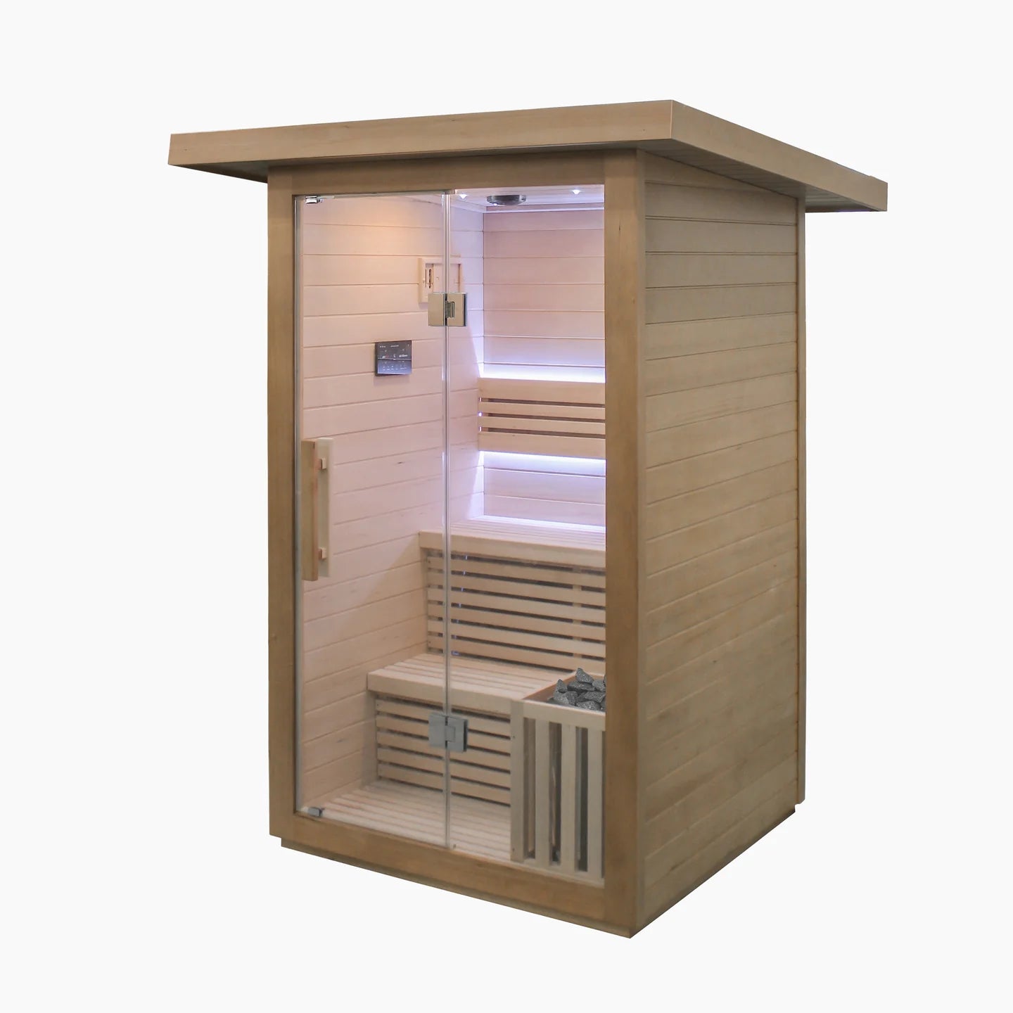 Wooden sauna with glass door on a white background