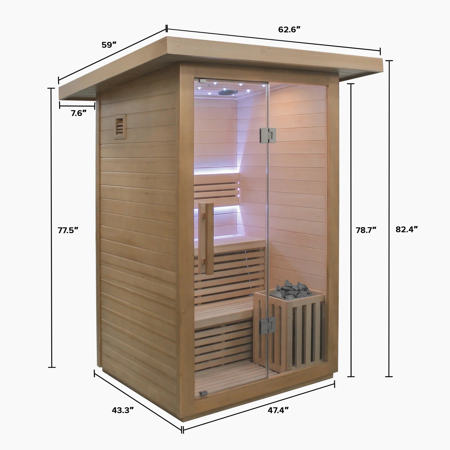 Wooden sauna with dimensions labeled on a white background