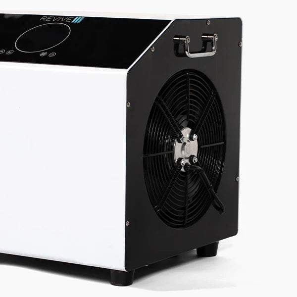 Black and white device with a fan on a white background