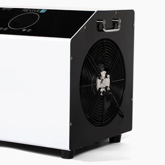 Black and white device with a fan on a white background