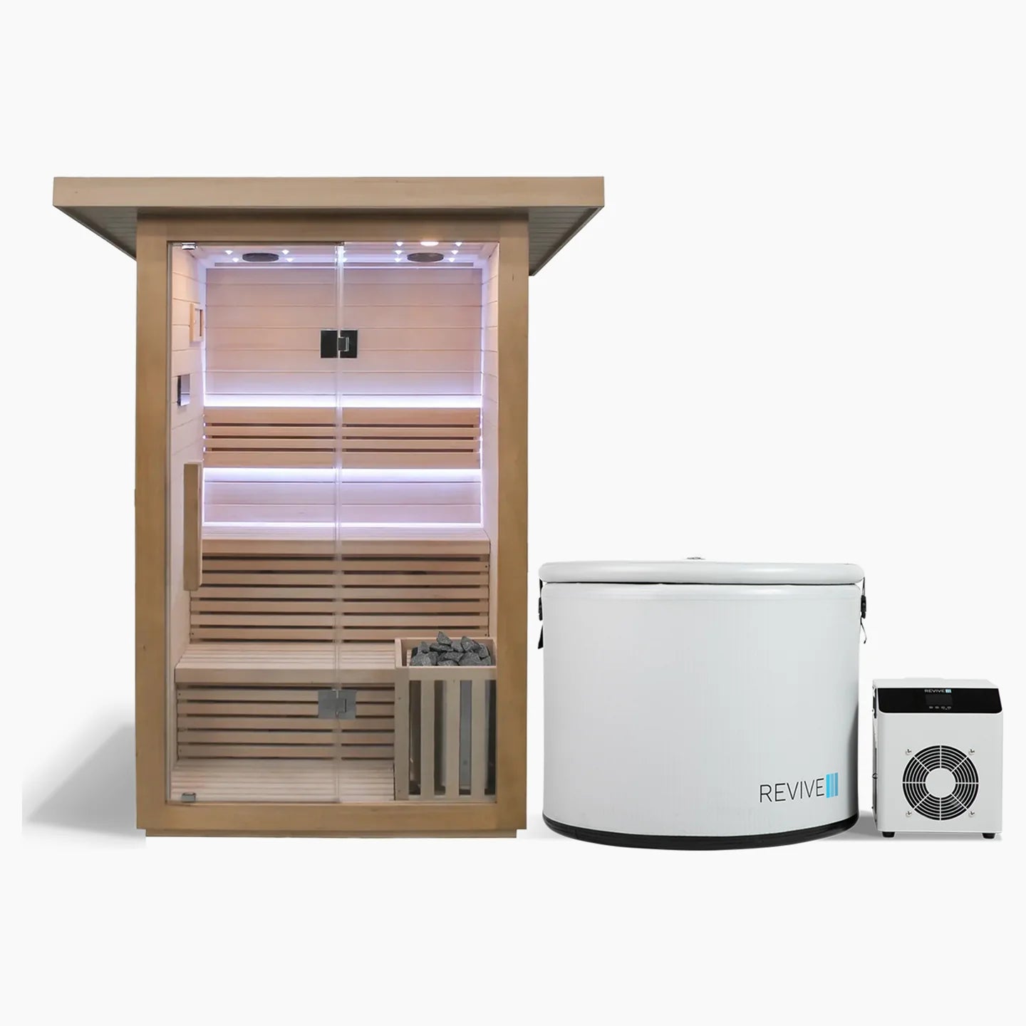 Traditional sauna with inflatable plunge and power unit on a white background