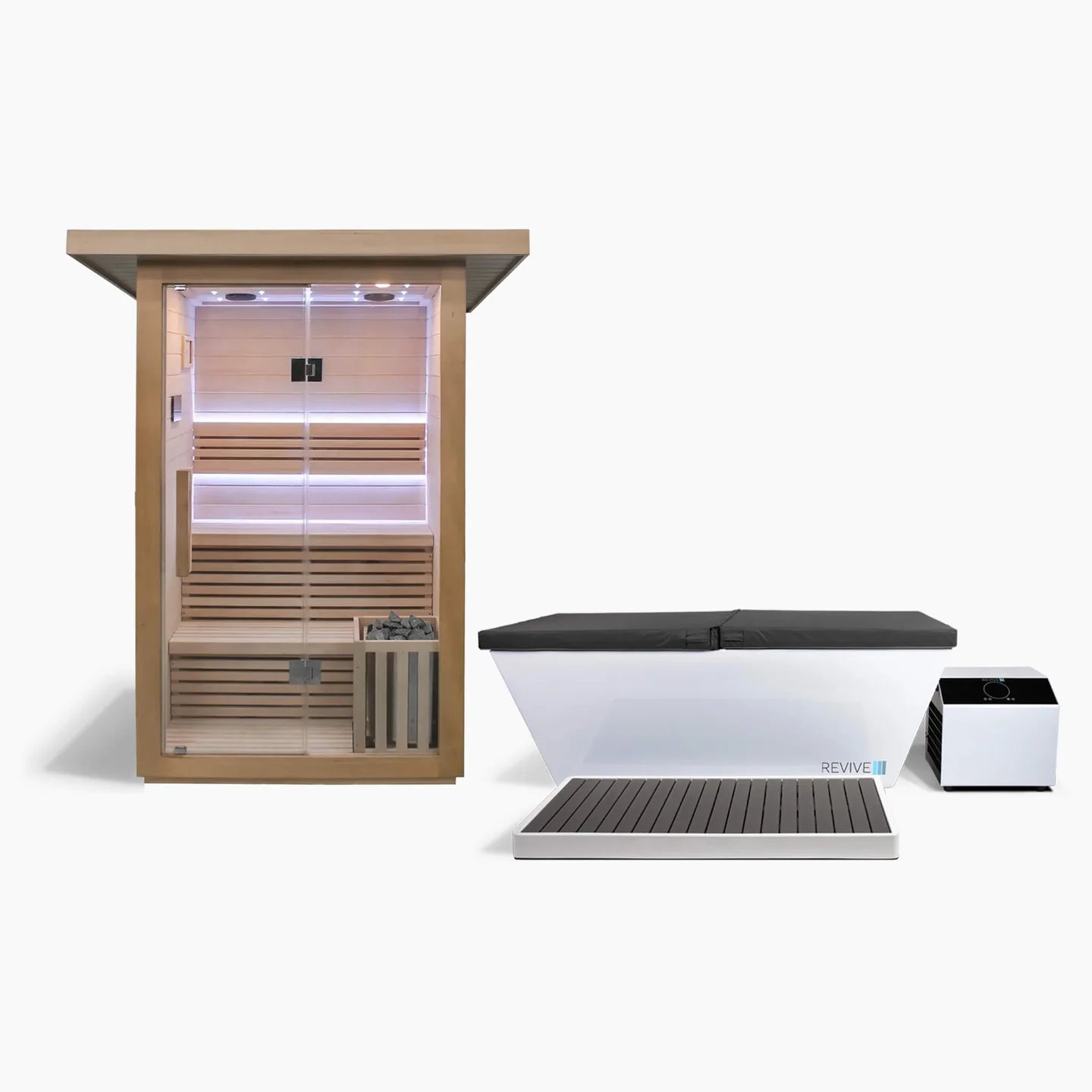 Infrared sauna with control panel and two boxes labeled 'REVIVE' on a white background