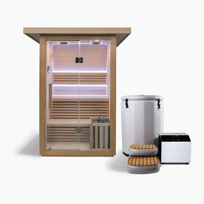 Infrared sauna with wooden interior and white exterior on a white background