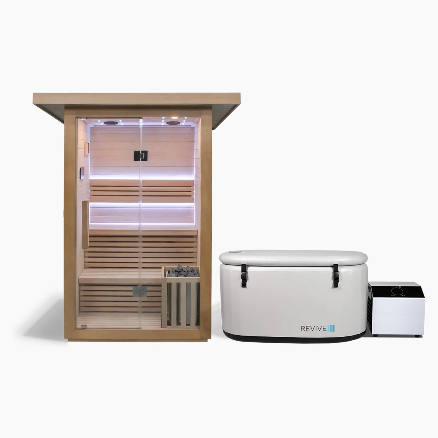Infrared sauna and cold tub with 'REVIVE' branding on a white background