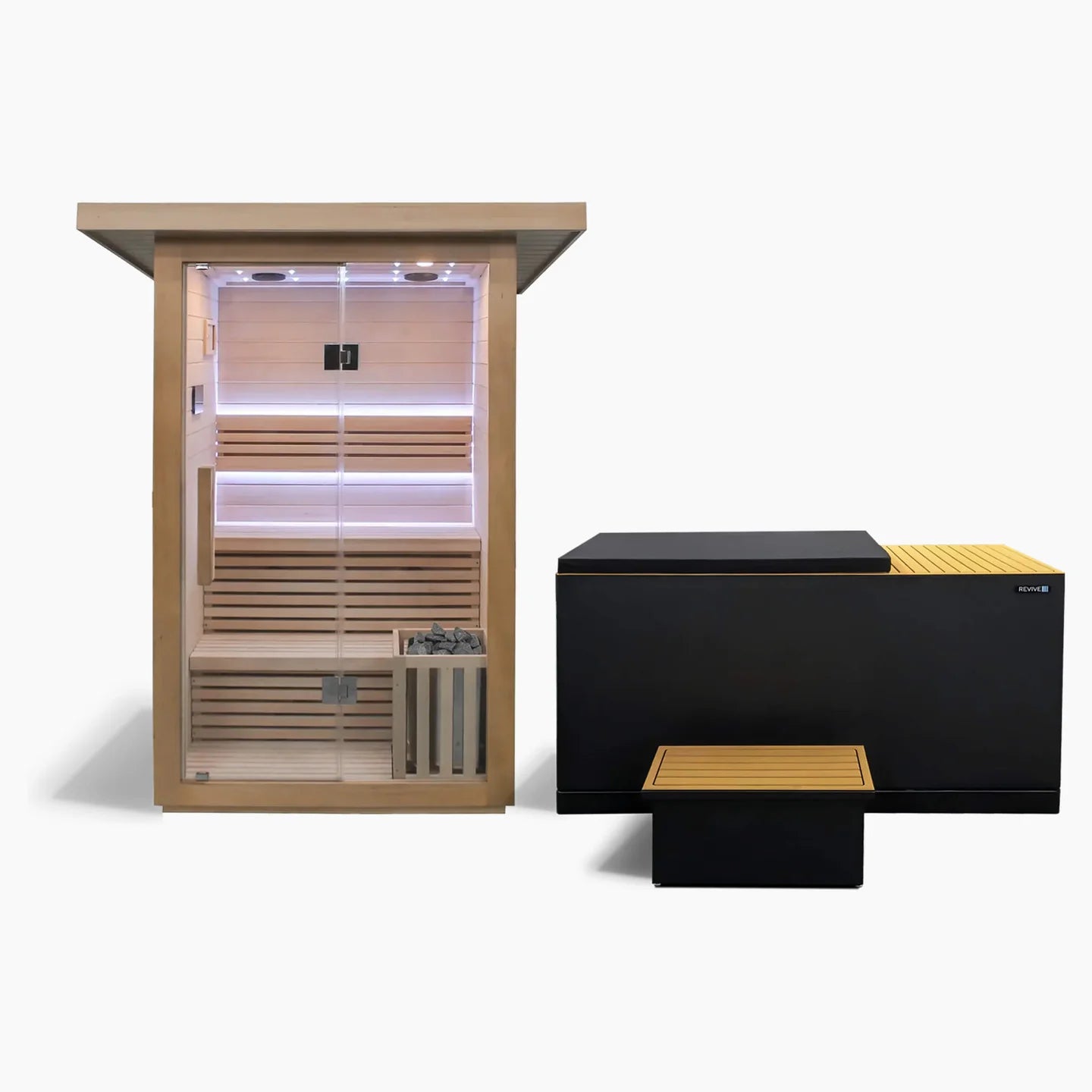 Infrared sauna with wooden interior and black exterior on a white background