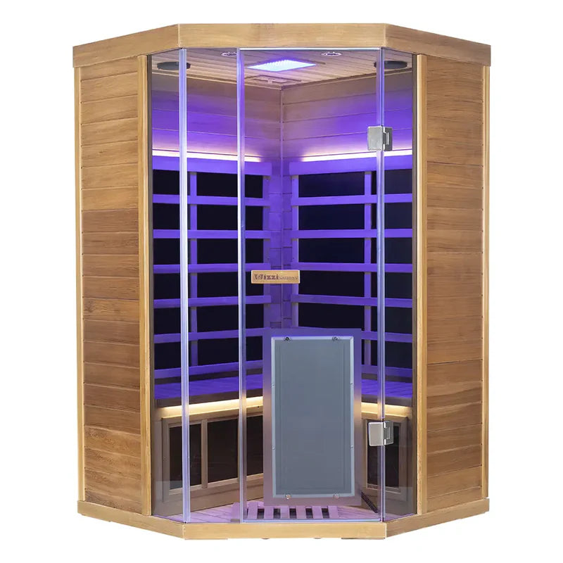 Corner infrared sauna with wooden exterior and glass panels, featuring purple interior lighting.