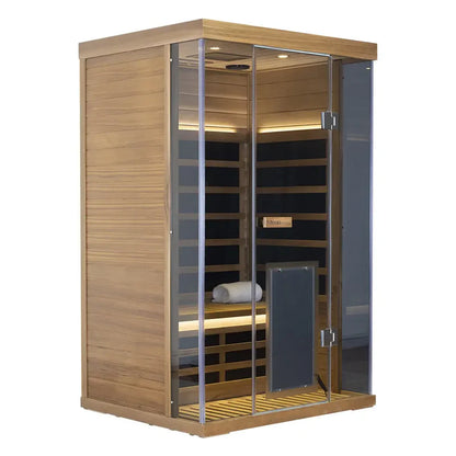 Wooden sauna with glass door on a white background