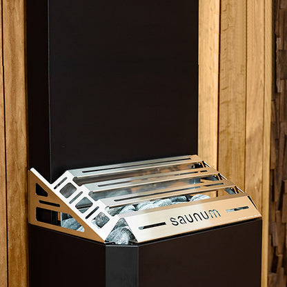 black and silver sauna heater with Saunum branding and stones