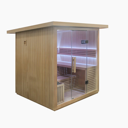 Wooden sauna with glass door on a white background