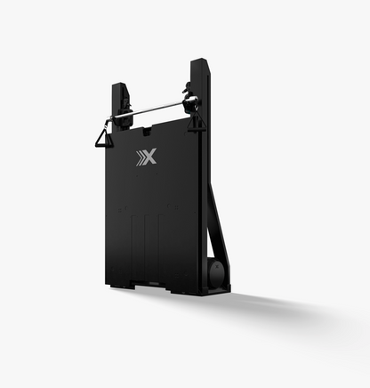 Folded gym machine not in use on a white background