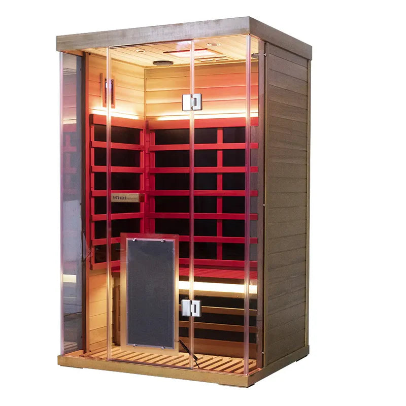Wooden sauna with red interior lights on a white background