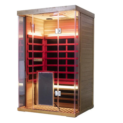 Wooden sauna with red interior lights on a white background