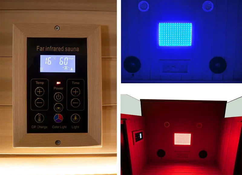 Control panel of a far infrared sauna with digital display, close-up of LED lights, and interior view with red light.