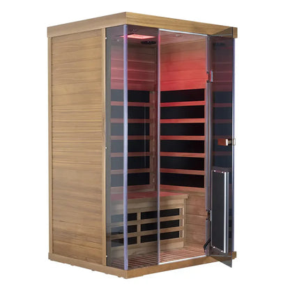 Wooden sauna with open door on a white background