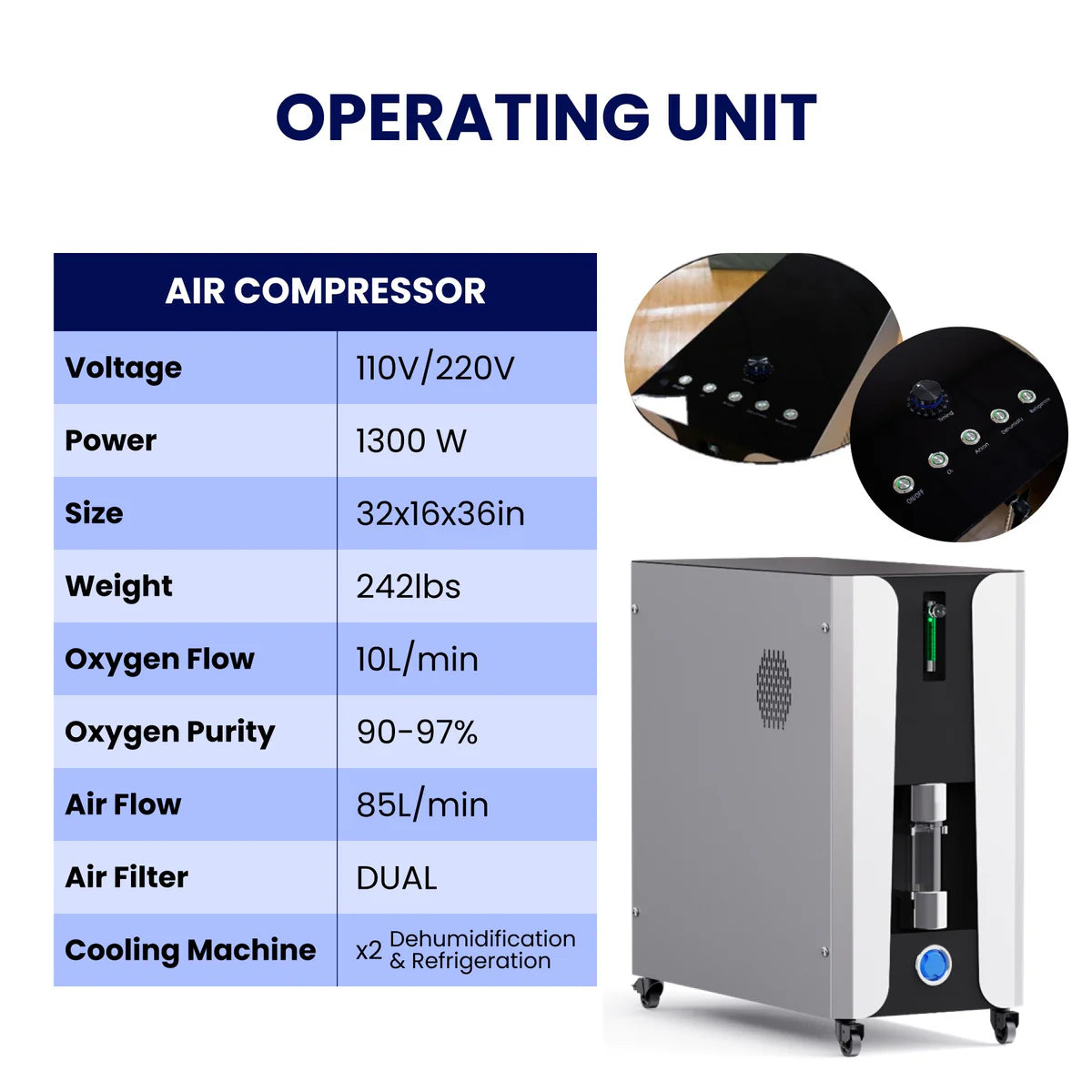 Air compressor with specifications on a white background