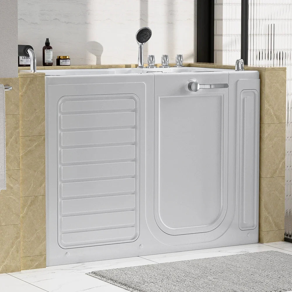 White walk-in bathtub in a bathroom setting with beige tiles and a gray rug.