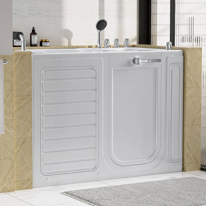 White walk-in bathtub in a bathroom setting with beige tiles and a gray rug.