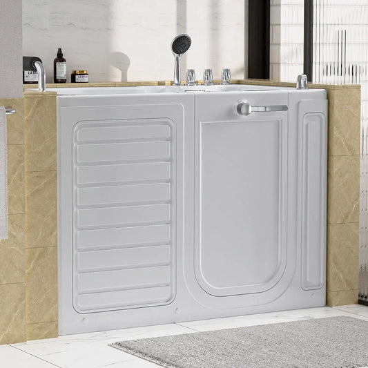 White walk-in bathtub in a bathroom setting with beige tiles and a gray rug.