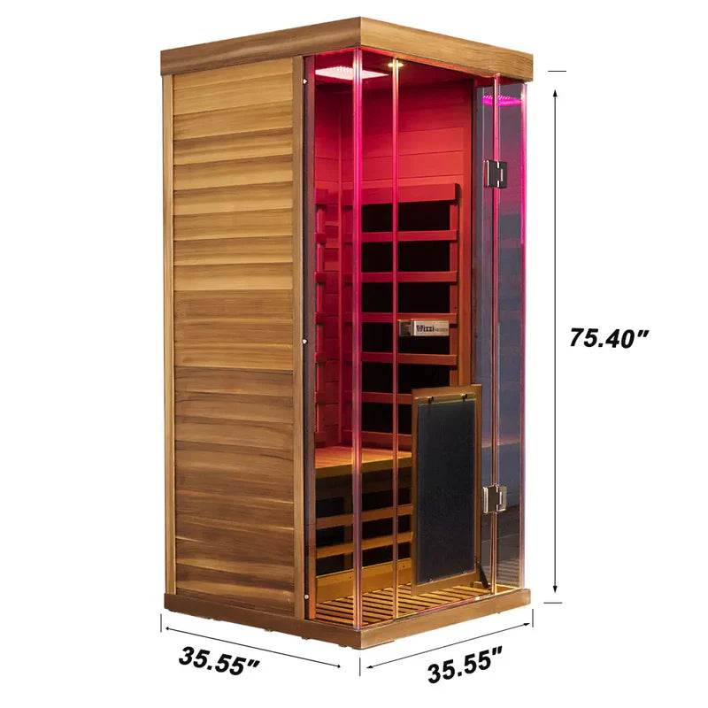 Wooden sauna with dimensions labeled on a white background