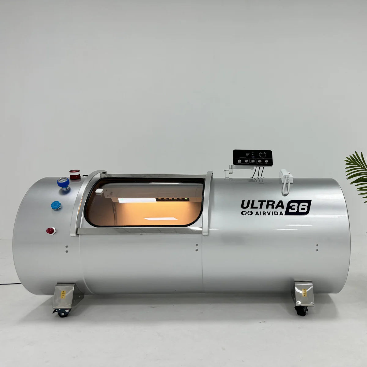 Silver Hyperbaric oxygen chamber with 'Ultra 36 Airvida' branding on a white background