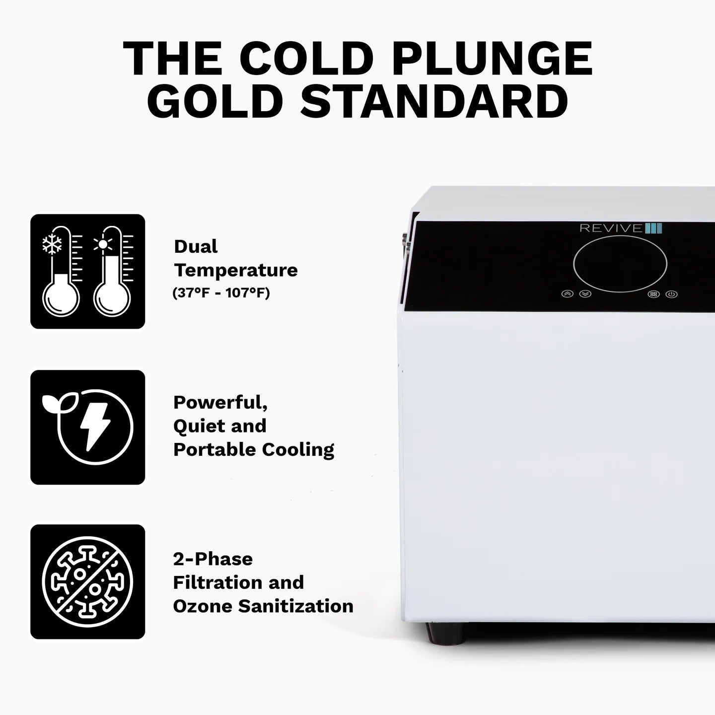 Portable air cooler with features listed on a white background
