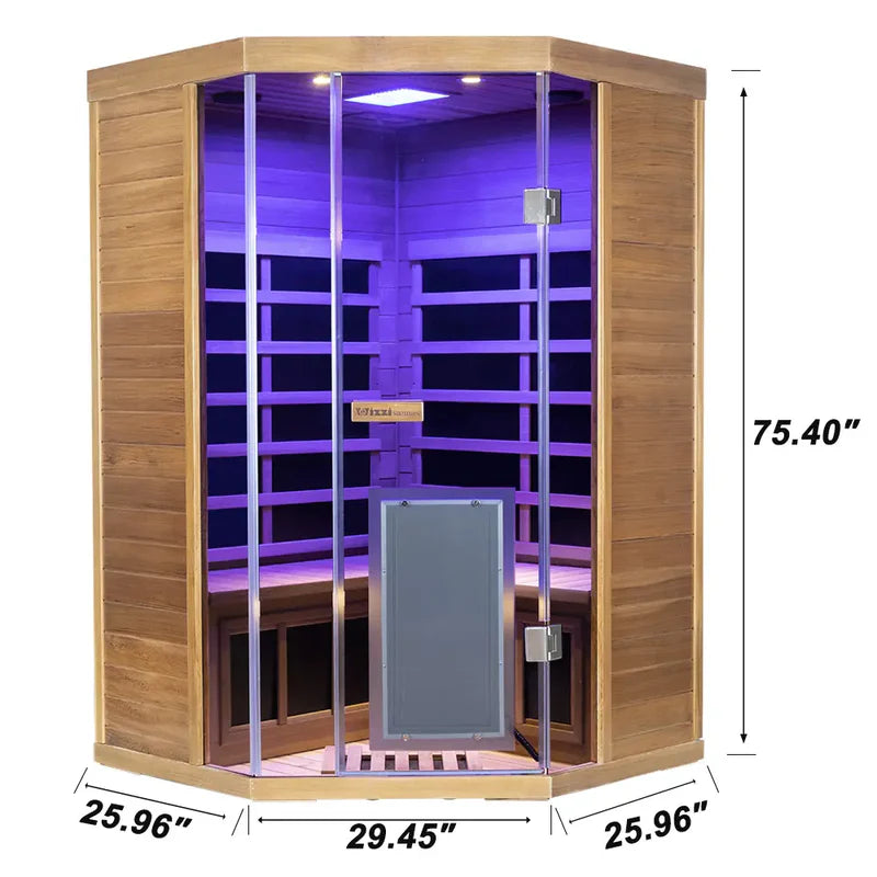 Infrared sauna with dimensions labeled on a white background