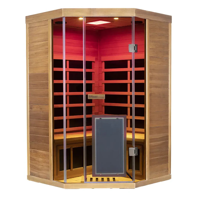 Wooden infrared sauna with glass door on a white background