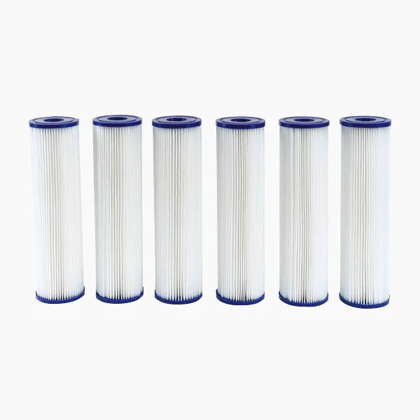 Six cylindrical filter cartridges with blue ends on a white background