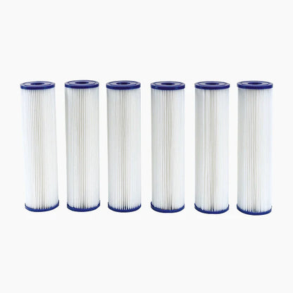 Six cylindrical filter cartridges with blue ends on a white background