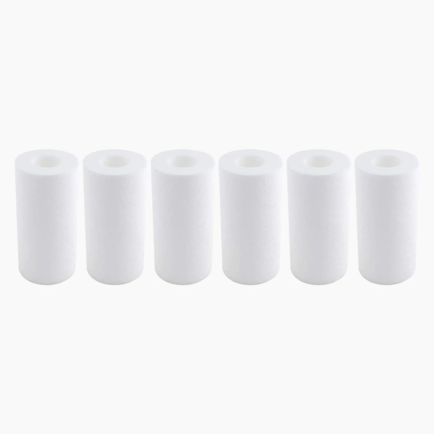Set of six white cylindrical filters on a white background