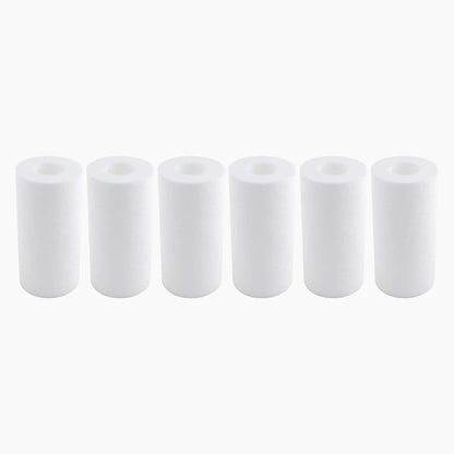Set of six white cylindrical filters on a white background