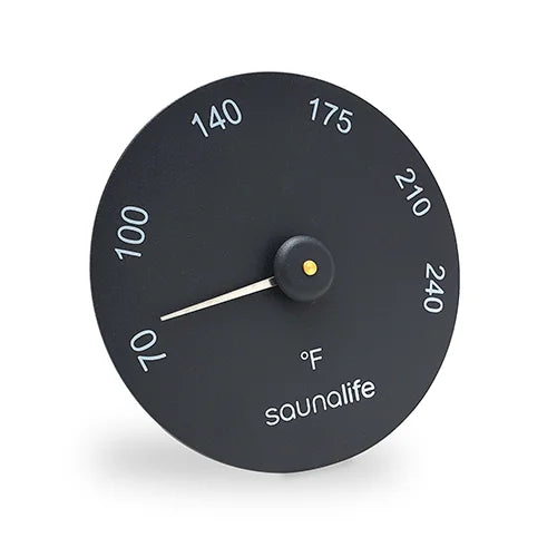 Black temperature gauge with 'sounalife' branding on a white background