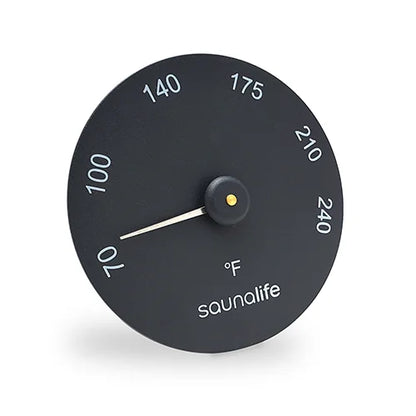 Black temperature gauge with 'sounalife' branding on a white background