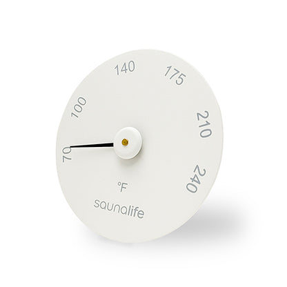 White thermometer with temperature markings on a white background