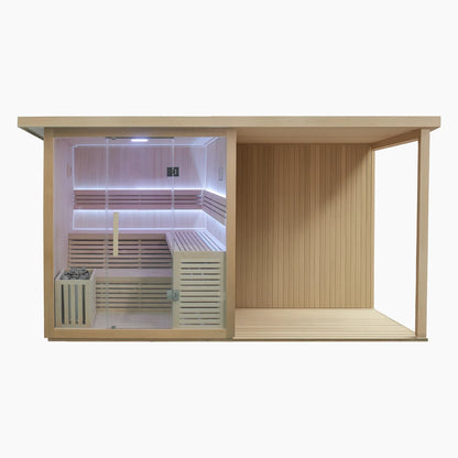 Wooden sauna with interior benches and glass door on a white background