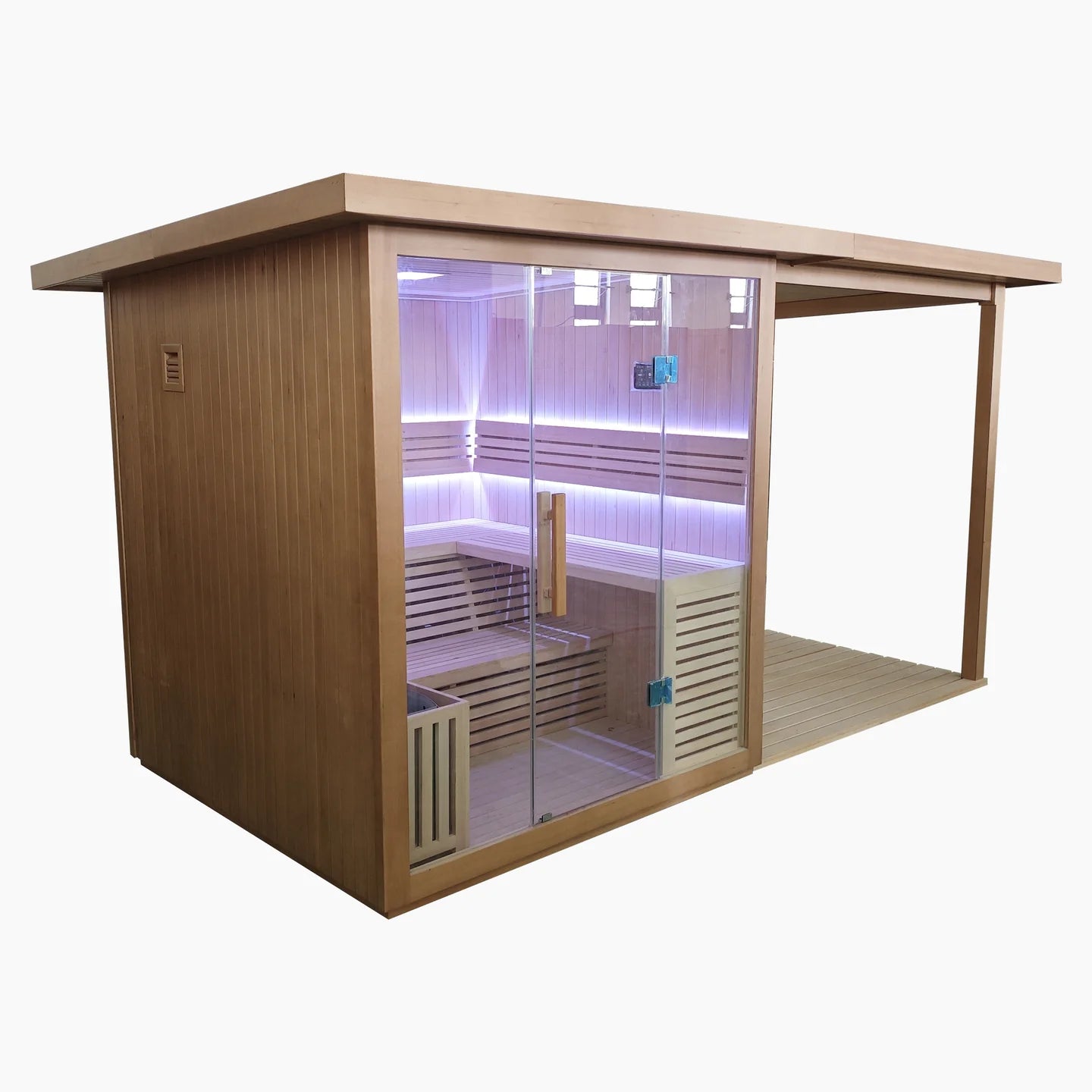 Wooden sauna with glass door on a white background