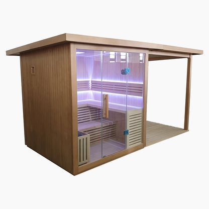 Wooden sauna with glass door on a white background