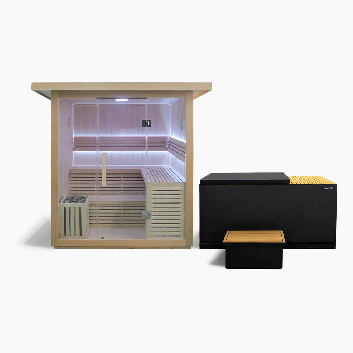 Infrared sauna with black control panel on a white background