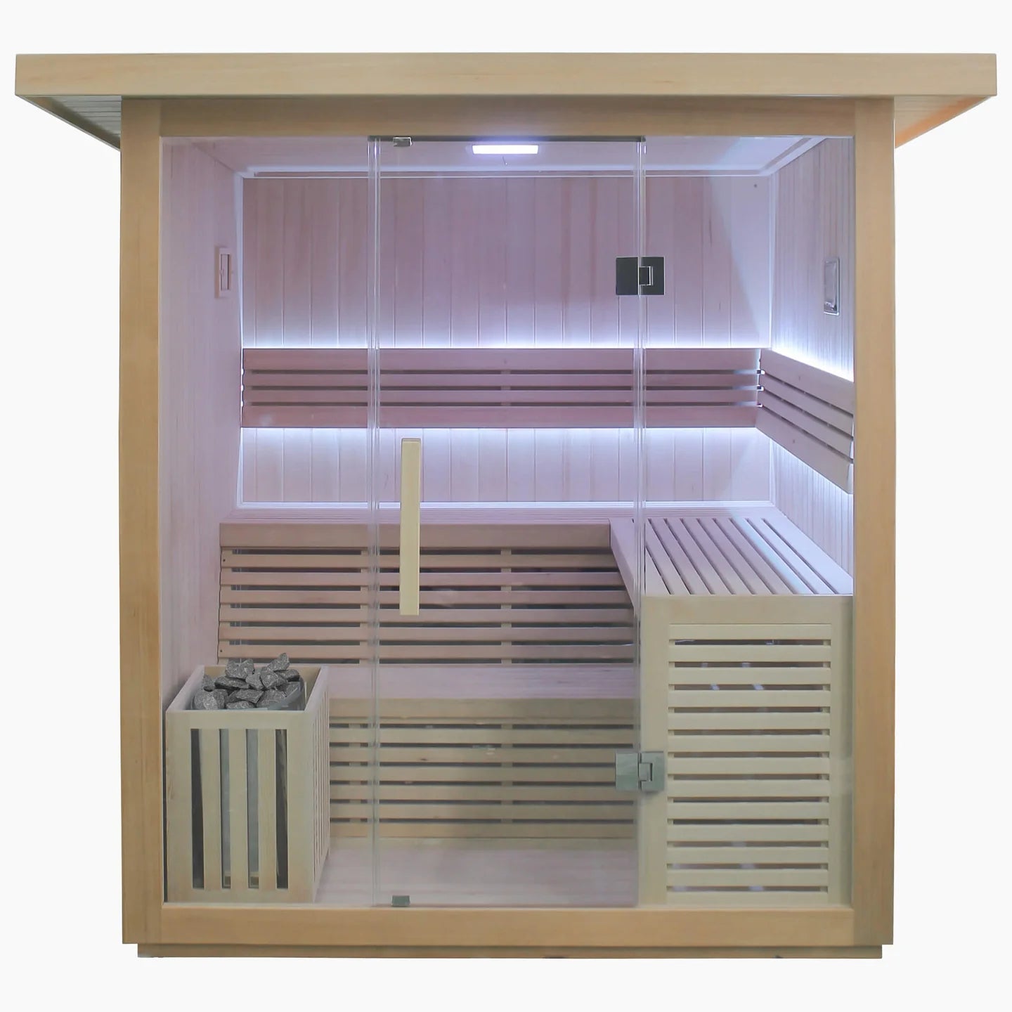 Wooden sauna with benches and glass door on a white background