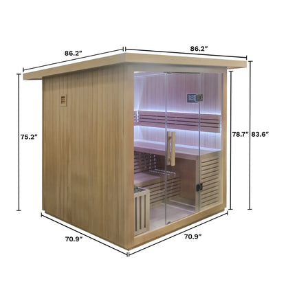 Dimensions of a wooden sauna with clear glass door on a white background