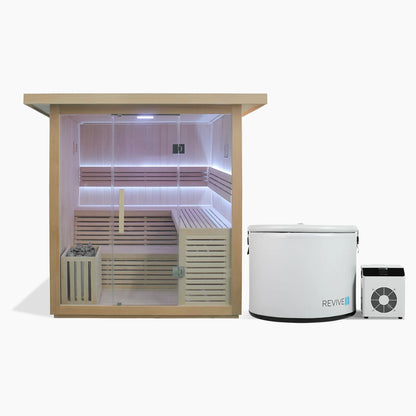 Sauna room with wooden interior and a white exterior unit labeled 'Revive' on a white background.